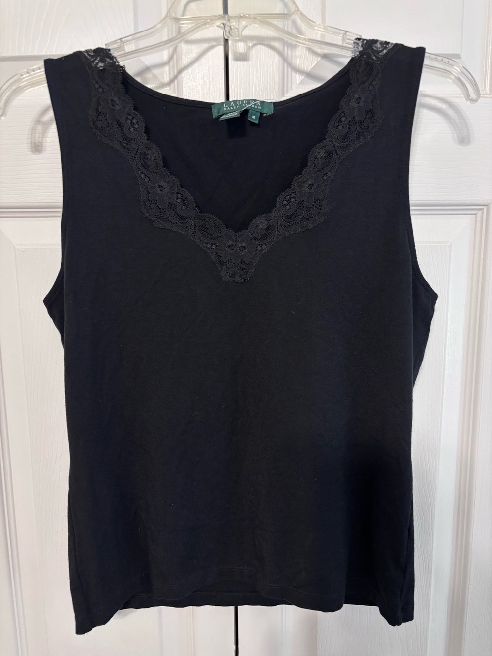 Lauren Ralph Lauren Women’s Size Medium Black Shell Tank Top Lace Trim V-Neck